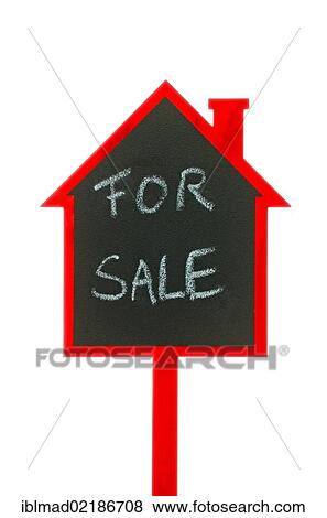 Stock Photo - Sign shaped like a house, lettering "For Sale", symbolic image for eal estate, house purchase. Fotosearch