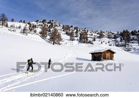 Stock Image - Ski tourer in the ascent to the Sattele above Reinswald in the Sarntal, South Tyrol, Italy, Europe. Fotosearch