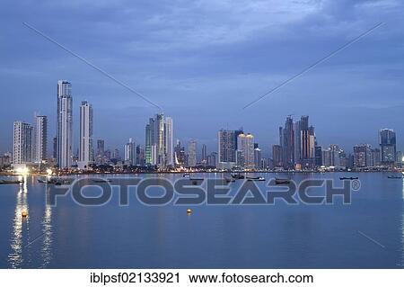 Stock Image - Skyline of Panama City during the blue hour, Panama, Central America, North America. Fotosearch
