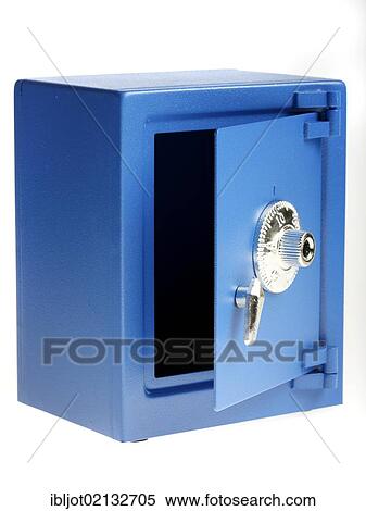 Stock Photography - Small blue toy safe with a combination lock, for use as a piggy bank. Fotosearch