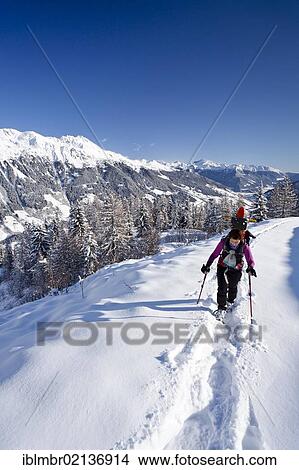 Snowshoe hiker ascending to Jagelealm alpine pasture in Ridnauntal Valley above Entholz, looking towards the Ridnauntal Valley and Rosskopf Mountain, Alto Adige, Italy, Europe View Large Photo Image Picture - Snowshoe hiker ascending to Jagelealm alpine pasture in Ridnauntal Valley above Entholz, looking towards the Ridnauntal Valley and Rosskopf Mountain, Alto Adige, Italy, Europe. Fotosearch