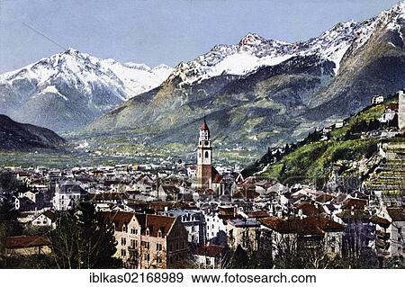 Stock Photo - Spa town of Meran, Merano with mountain panorama, South Tyrol, Italy, historical postcard, circa 1900, Europe. Fotosearch