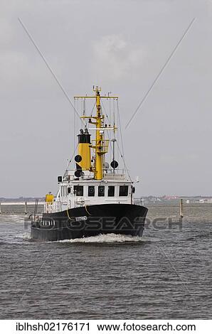 Stock Image - Special survey ship "Norderney", for waterway soundings and surveys in the tidal area, North Frisia, Norddeich, Wadden Sea, Lower Saxony, Germany, Europe. Fotosearch