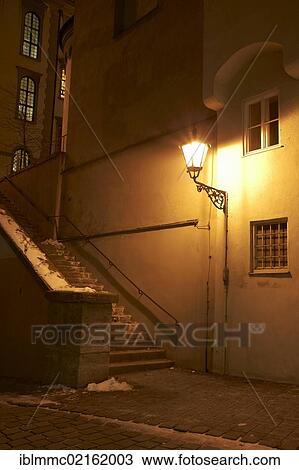 Stock Image - Staircase behind the Perlachturm tower at night, Augsburg, Swabia, Bavaria, Germany, Europe. Fotosearch