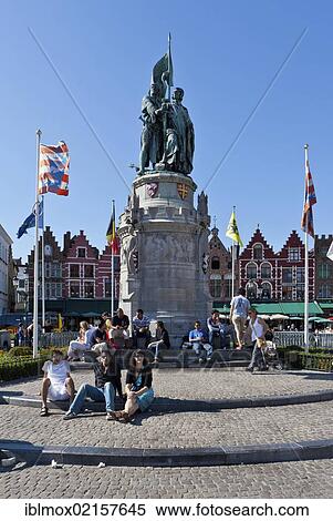Stock Photography - Statue of the folk heroes of Bruges, Jan Breydel and Pieter de Coninck, Grote Markt market square, historic town centre of Bruges, UNESCO World Heritage Site, West Flanders, Flemish Region, Belgium, Europe. Fotosearch