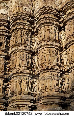 Stock Image - Stone figures, Hindu deities on the facade of a temple, Khajuraho Group of Monuments, UNESCO World Heritage Site, Madhya Pradesh, India, Asia. Fotosearch