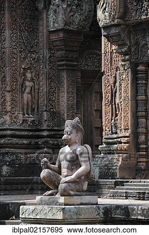 Stock Photography - Stone guardian statue, temple, Banteay Srei, Angkor, Siem Reap, Cambodia, Southeast Asia, Asia. Fotosearch