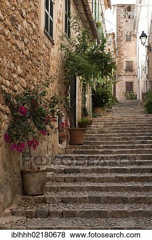 Stock Photo - Stone steps in Fornalutx, Majorca, Balearic Islands, Spain, Europe. Fotosearch