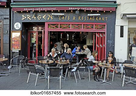 Stock Photography - Street café and Dragon restaurant, old town, Århus or Aarhus, Jutland, Denmark, Europe. Fotosearch