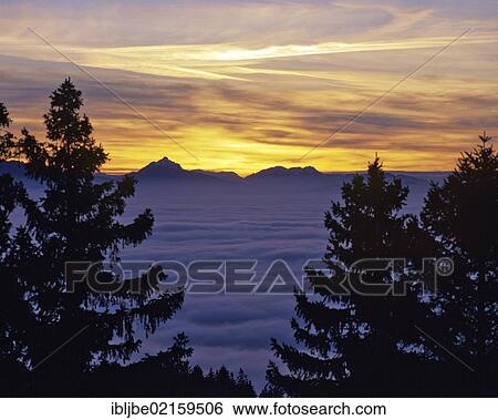 Stock Photograph - Sunset, Gruenten, Allgaeu Alps, view from Auerberg Mountain, sea of fog, Ostallgaeu, Swabia, Bavaria, Germany, Europe. Fotosearch