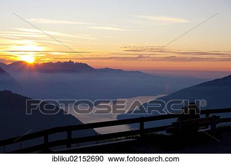 Stock Image - Sunset over Lake Thun, Thuner See, view from Schynige Platte mountain region, Bernese Oberland, Switzerland, Europe. Fotosearch