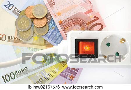 Switchable multi-plug extension lead, euro banknotes and coins, symbolic image for energy costs, electricity costs, energy savings View Large Photo Image Stock Photograph - Switchable multi-plug extension lead, euro banknotes and coins, symbolic image for energy costs, electricity costs, energy savings. Fotosearch