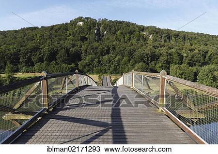 Stock Image - "Tatzelwurm" wooden bridge over the Altmuehl river, Altmuehl Valley, Lower Bavaria, Bavaria, Germany, Europe. Fotosearch