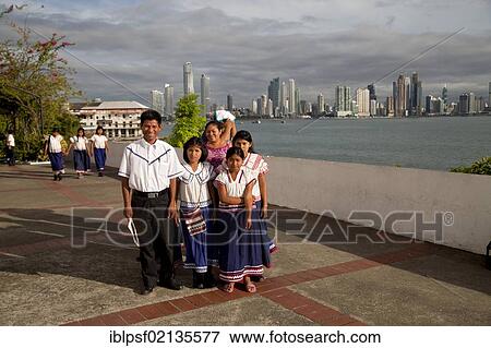 Stock Photo - Teachers and students posing in front of the skyline of Panama City, Panama, Central America, North America. Fotosearch