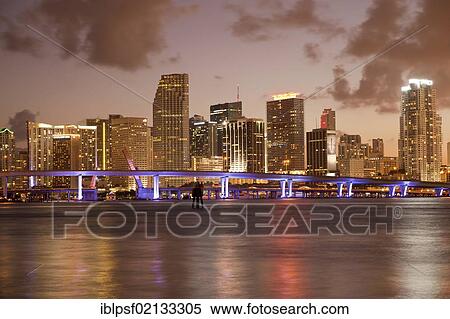 Stock Photography - The illuminated skyline of downtown Miami, Florida, USA, North America. Fotosearch
