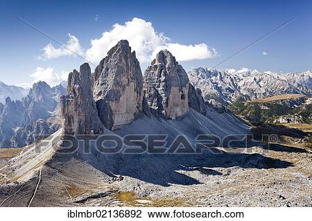 Three Peaks, seen from Paternkofel Mountain, with Monte Cristallo at the rear, Sesto, Alta Pusteria, Dolomites, Alto Adige, Italy, Europe View Large Photo Image Stock Image - Three Peaks, seen from Paternkofel Mountain, with Monte Cristallo at the rear, Sesto, Alta Pusteria, Dolomites, Alto Adige, Italy, Europe. Fotosearch