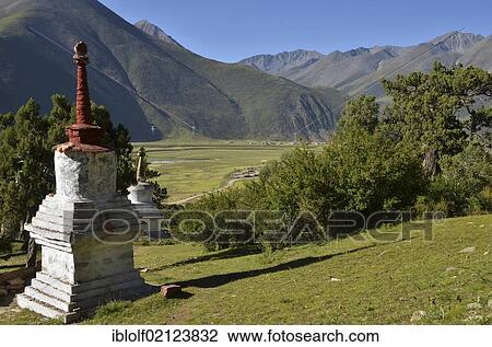 Tibetan Buddhism, centuries-old juniper trees and a Stupa or Chorten in the mountains of Reting Monastery, Mount Gangi Rarwa, Himalaya, Lhundrup district, central Tibet, Tibet, China, Asia View Large Photo Image Stock Image - Tibetan Buddhism, centuries-old juniper trees and a Stupa or Chorten in the mountains of Reting Monastery, Mount Gangi Rarwa, Himalaya, Lhundrup district, central Tibet, Tibet, China, Asia. Fotosearch