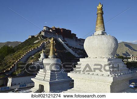 Tibetan chorten, stupa in front of Potala Palace, winter palace of the Dalai Lama in Lhasa, Tibet, China, Asia View Large Photo Image Picture - Tibetan chorten, stupa in front of Potala Palace, winter palace of the Dalai Lama in Lhasa, Tibet, China, Asia. Fotosearch