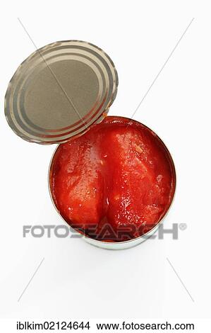 Picture - Tin can, opened can of peeled tomatoes. Fotosearch