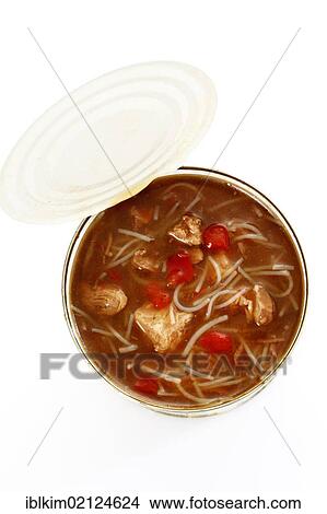 Picture - Tin can, opened can with bihun soup. Fotosearch