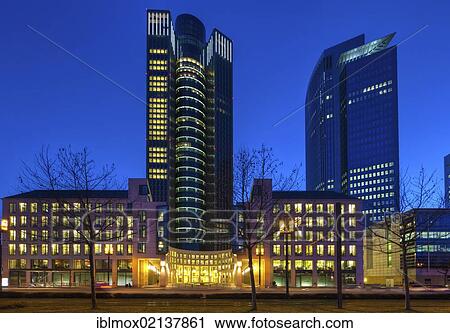 Stock Image - Tower 185 and Pollux Tower, Messe Frankfurt, Gallus district, Europe Quarter, Frankfurt am Main, Hesse, Germany, Europe, PublicGround, Europe. Fotosearch
