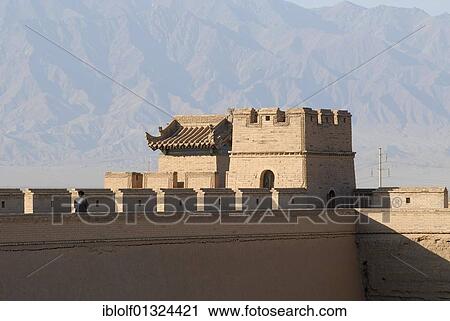 Stock Image - Tower of the Jiayuguan fortress at the western end of the Great Wall, Silk Road, Gansu, China, Asia. Fotosearch