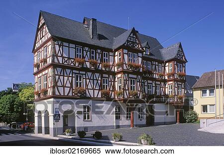 Stock Photography - Town hall and Adolzheimer Hof, historic building, Nassau, Westerwald district, Rhineland-Palatinate, Germany, Europe. Fotosearch