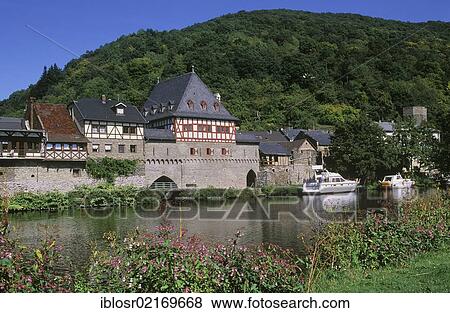 Town hall and city walls, Dausenau on the Lahn river, Westerwald district, Rhineland-Palatinate, Germany, Europe View Large Photo Image Stock Photo - Town hall and city walls, Dausenau on the Lahn river, Westerwald district, Rhineland-Palatinate, Germany, Europe. Fotosearch
