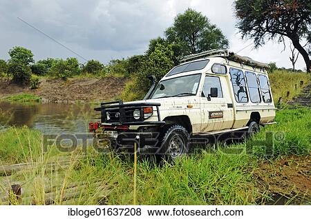 Stock Photo - Toyota Land Cruiser off-road vehicle crossing the Khwai River on an old wooden bridge near the Okavango Delta, Botswana, Africa. Fotosearch