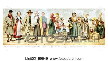 Traditional costumes, historical illustration, Meyers Konversationslexikon encyclopedia, 1897 View Large Photo Image Stock Photo - Traditional costumes, historical illustration, Meyers Konversationslexikon encyclopedia, 1897. Fotosearch