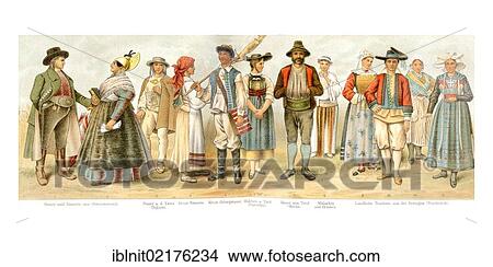 Traditional costumes, illustration from Meyers Konversationslexikon encyclopedia, 1897 View Large Photo Image Picture - Traditional costumes, illustration from Meyers Konversationslexikon encyclopedia, 1897. Fotosearch