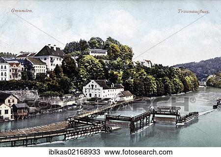 Stock Image - Traun river near Gmunden, Upper Austria, Austria, historical postcard, circa 1900, Europe. Fotosearch