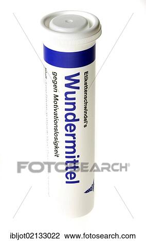 Stock Image - Tube for fizzy tablets with the words "Wundermittel" or "miracle cure", novelty item. Fotosearch