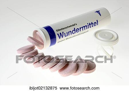 Stock Photography - Tube for fizzy tablets with the words "Wundermittel" or "miracle cure", novelty item. Fotosearch