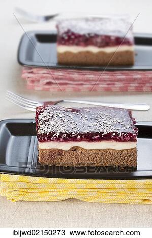 Two slices of cake, chocolate with cream and fruit topping View Large Photo Image Stock Image - Two slices of cake, chocolate with cream and fruit topping. Fotosearch