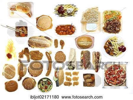 Various fast-food meals, hamburgers, sausages, french fries, pizza, doner kebab, hot dogs, steak sandwiches, sausage with curry sauce, fish roll View Large Photo Image Stock Image - Various fast-food meals, hamburgers, sausages, french fries, pizza, doner kebab, hot dogs, steak sandwiches, sausage with curry sauce, fish roll. Fotosearch