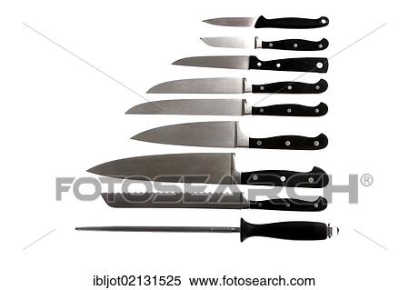 Stock Photography - Various kitchen knives, sharpening steel, chef's knife, bread knife, filleting knife, vegetable knife. Fotosearch