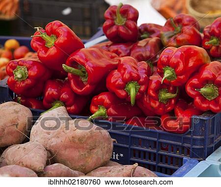 Stock Image - Vegetable stand, weekly market, Sineu, Majorca, Balearic Islands, Spain, Europe. Fotosearch