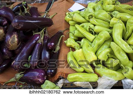 Stock Image - Vegetable stand, weekly market, Sineu, Majorca, Balearic Islands, Spain, Europe. Fotosearch