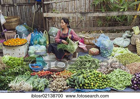 Stock Image - Vendor selling vegetables on the morning market, Luang Prabang, Laos, Indochina, Asia. Fotosearch