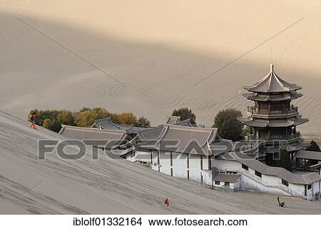 View from the sand dunes of the Gobi Desert over the Crescent Lake with the Chinese Pagoda in Dunhuang, Silk Road, Gansu, China, Asia View Large Photo Image Picture - View from the sand dunes of the Gobi Desert over the Crescent Lake with the Chinese Pagoda in Dunhuang, Silk Road, Gansu, China, Asia. Fotosearch