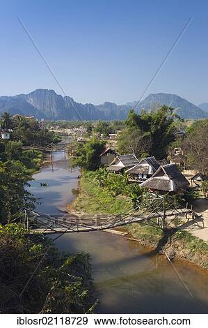 Stock Photo - Village, karst mountains, Nam Song river, Vang Vieng, Vientiane, Laos, Indochina, Asia. Fotosearch