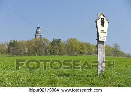 Picture - Wachtelbergturm tower or Bismarck Tower, with sign "Naturschutzgebiet", German for "nature reserve", Wachtelberg-Muehlbachtal Nature Reserve, near Wurzen, Muldental, Saxony, Germany, Europe. Fotosearch