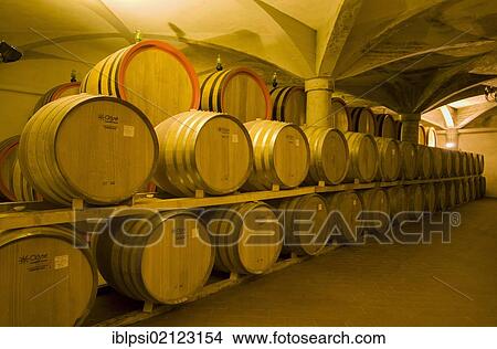Picture - Wine aging in oak barrels in vaulted cellar in Montalcino, Toscana, Tuscany, Italy, Europe. Fotosearch