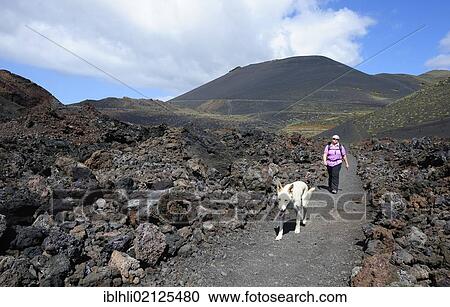 Stock Image - Woman walking with a dog on La Palma, in front of San Antonio Volcano, Canary Islands, Spain, Europe, PublicGround, Europe. Fotosearch
