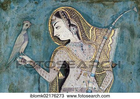 Woman wearing a veil holding a dove and a fly swatter, fresco with natural colours, Chitrashala, Bundikalam, Palace of Bundi, Bundi, Rajasthan, India, Asia View Large Photo Image Stock Image - Woman wearing a veil holding a dove and a fly swatter, fresco with natural colours, Chitrashala, Bundikalam, Palace of Bundi, Bundi, Rajasthan, India, Asia. Fotosearch