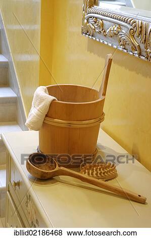 Wooden bucket, ladle, brush, towel, sauna utensils View Large Photo Image Stock Photo - Wooden bucket, ladle, brush, towel, sauna utensils. Fotosearch
