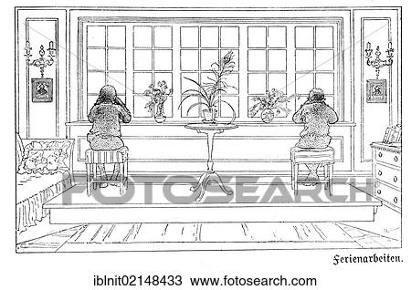 Stock Image - Working during the holidays, illustration in The House in the Sun by Carl Larsson, 1917. Fotosearch