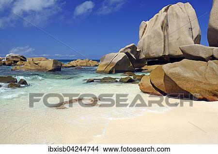 Anse Marron beach, also La Source Marron, with rocks, La Digue Island, Seychelles, Africa View Large Photo Image Picture - Anse Marron beach, also La Source Marron, with rocks, La Digue Island, Seychelles, Africa. Fotosearch