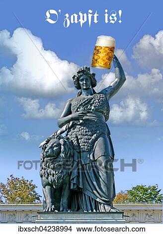 Bavaria statue with a beer mug, raised hand, O'zapft is, opening phrase of the Oktoberfest, Munich, Bavaria, Germany, Europe View Large Photo Image Picture - Bavaria statue with a beer mug, raised hand, O'zapft is, opening phrase of the Oktoberfest, Munich, Bavaria, Germany, Europe. Fotosearch